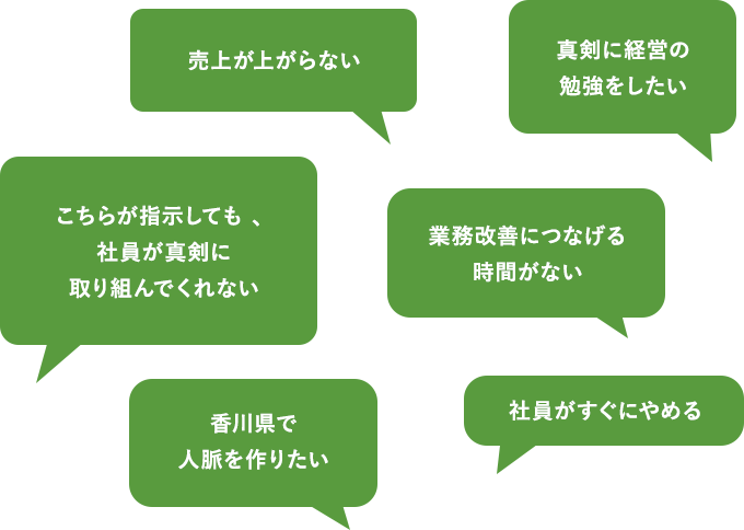 売り上げが上がらない 真剣に経営の勉強をしたい こちらが指示しても、社員が真剣に取り組んでくれない 業務改善につなげる時間がない 香川県で人脈を作りたい 社員がすぐにやめる